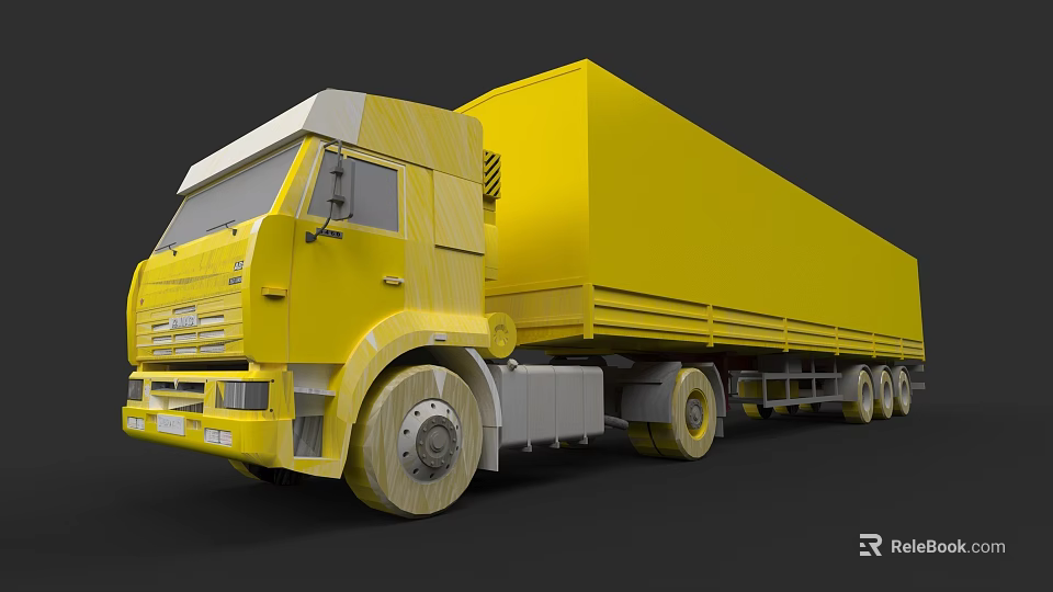 Yellow Commercial Cargo Truck With Large Cab And Long Trailer Body 3d model 