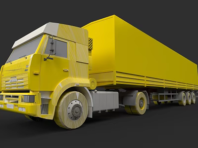 Yellow Commercial Cargo Truck With Large Cab And Long Trailer Body 3d model
