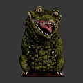Playful Green Crocodile Figurine With Open Mouth Sharp Teeth And Wooden Base