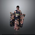 Woman in Traditional Kimono with Floral Patterns against Gray Background