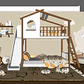 Kids Room With House Shaped Bunk Bed Slide Stuffed Animals Rug And Cloud Decorations