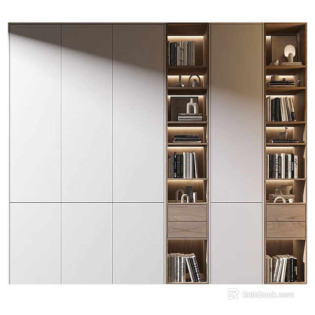 Modern Wooden Bookcase Interior Design With Books And Decorative Items On Shelves 3d model 