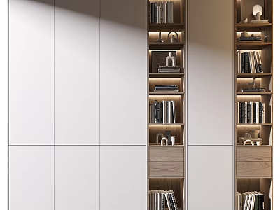 Modern Wooden Bookcase Interior Design With Books And Decorative Items On Shelves 3d model