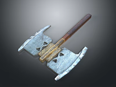 Double Bladed Axe With Brown Leather Wrapped Handle And Golden Ornate Details 3d model