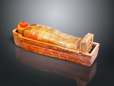 Egyptian Style Mummy Sarcophagus Wooden Sculpture With Gold Red Decorations And Open Lid 3d model