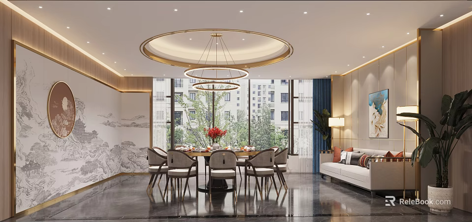 Modern Private Dining Room Interior Design With Round Table Circular Pendant Lights And Large Windows 3d model