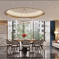 Modern Private Dining Room Interior Design With Round Table Circular Pendant Lights And Large Windows 3d model