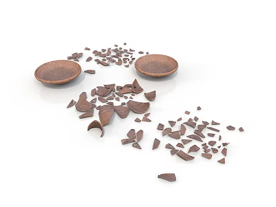Broken Brown Sculpture Carving Fragments Scattered on White Surface 3d model