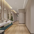 Elegant Modern Bathroom Interior With Three Round Mirrors Long Vanity Marble Countertop And Potted Plant