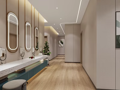 Elegant Modern Bathroom Interior With Three Round Mirrors Long Vanity Marble Countertop And Potted Plant 3d model