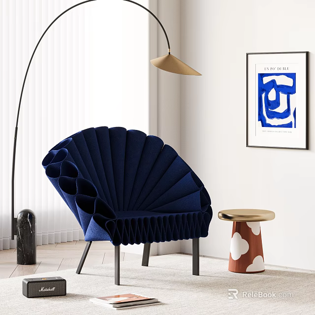 Modern Blue Fan Shaped Leisure Chair With Gold Floor Lamp And Abstract Wall Art 3d model 
