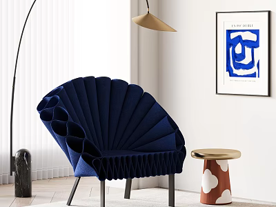 Modern Blue Fan Shaped Leisure Chair With Gold Floor Lamp And Abstract Wall Art 3d model