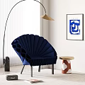Modern Blue Fan Shaped Leisure Chair With Gold Floor Lamp And Abstract Wall Art