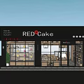 Red Cake Bakery Storefront With Glass Windows And Sweet Treat Displays