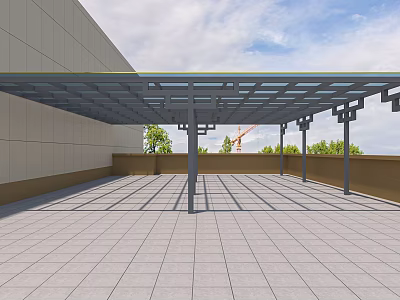 Roof Patio Pergola with Tile Floor and Green Trees Under Blue Sky 3d model