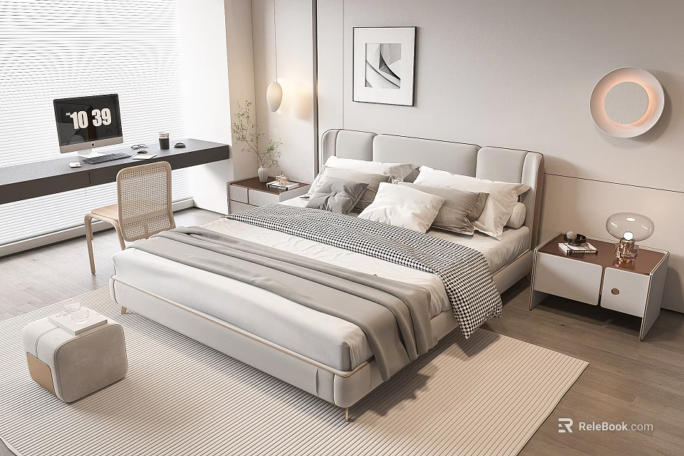 Modern Double Bed in Minimalist Bedroom with Pillows Striped Quilt Nightstand and Desk 3d model 