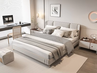 Modern Double Bed in Minimalist Bedroom with Pillows Striped Quilt Nightstand and Desk 3d model