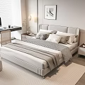Modern Double Bed in Minimalist Bedroom with Pillows Striped Quilt Nightstand and Desk