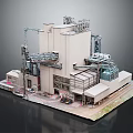 Cartoon Scene of Industrial Facility with Crane Building Platform and Model