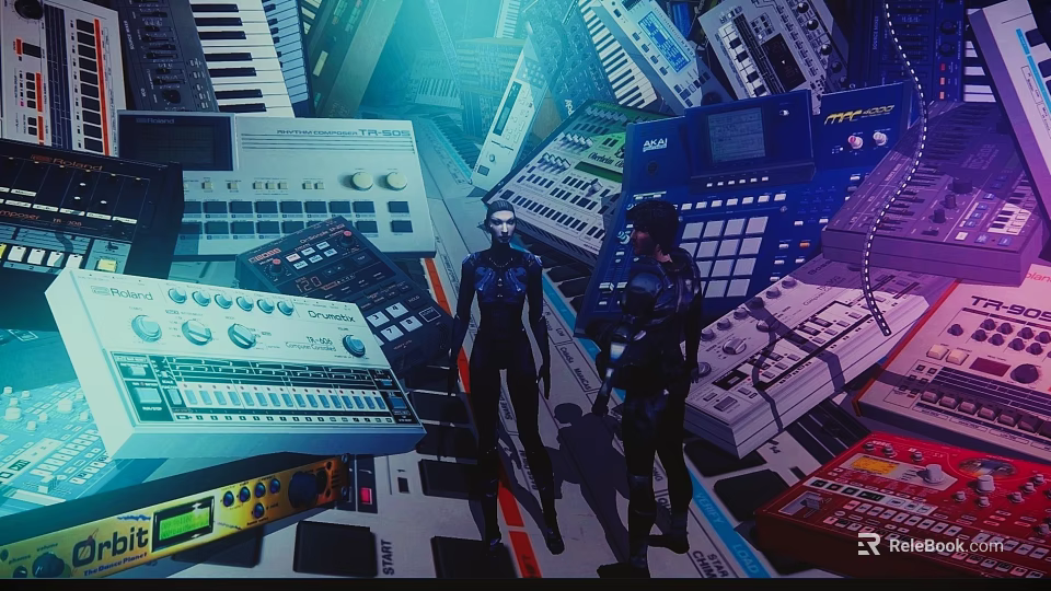 Game Movie Characters Standing In Futuristic Tech Environment Surrounded By Electronic Control Panels And Synthesizers 3d model 