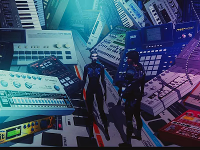 Game Movie Characters Standing In Futuristic Tech Environment Surrounded By Electronic Control Panels And Synthesizers 3d model