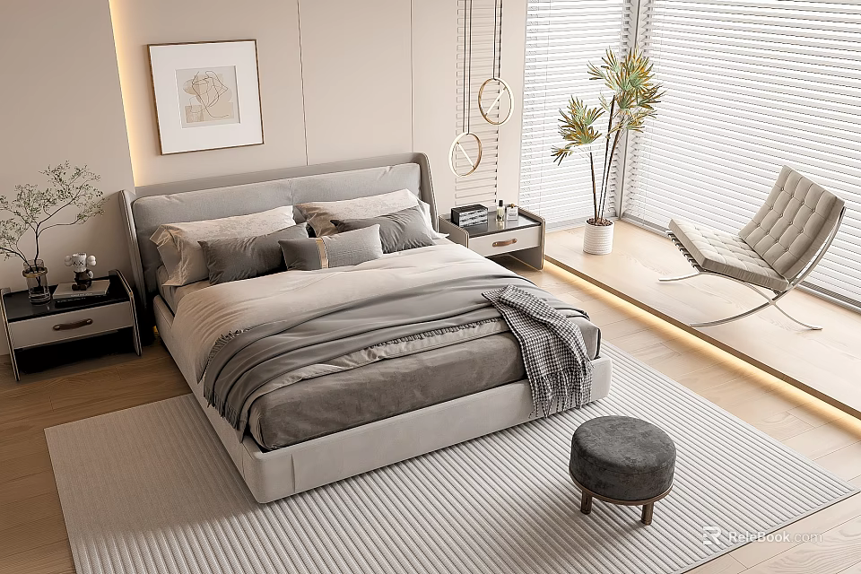 Elegant Modern Double Bed Interior with Upholstered Headboard Decorative Painting and Bedside Table 3d model 