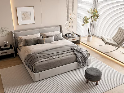 Elegant Modern Double Bed Interior with Upholstered Headboard Decorative Painting and Bedside Table 3d model