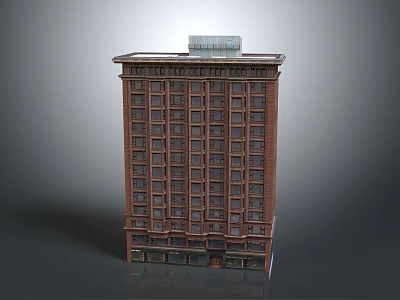 Red Brick Multi Storey Residential Building With Multiple Windows And Ground Floor Shops 3d model