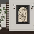 Botanical Painting With Floral Design Butterfly And Black Frame On Decorative Wall With Wall Lamps