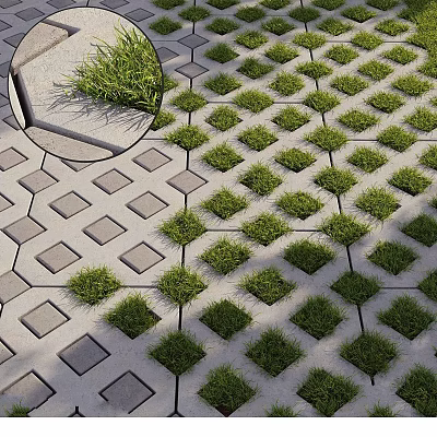 Decorative Ground Design Featuring Square Bricks And Grass In Geometric Pattern 3d model