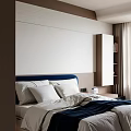 Modern Bedroom Interior Design With Large Bed Blue Headboard Circular Rugs And Wardrobe