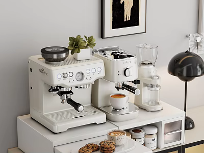 Modern Kitchen Shelf With Coffee Machine Blender Green Plant Cookies And Jars 3d model