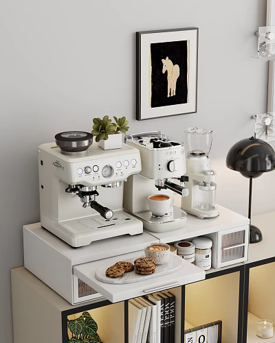 Modern Kitchen Shelf With Coffee Machine Blender Green Plant Cookies And Jars 3d model