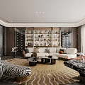 Elegant Modern Living Room Interior With White Sofa Round Striped Rug And Bookshelf