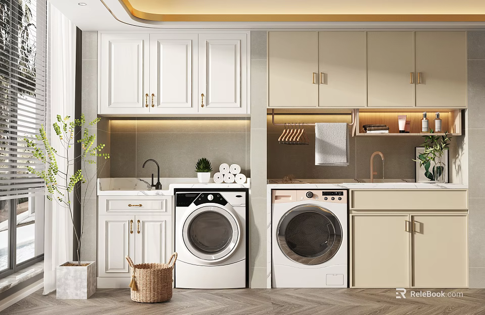 Modern Bathroom Cabinet Rack With Washing Machines White Beige Cabinets Faucets And Towel Rack 3d model 