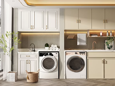 Modern Bathroom Cabinet Rack With Washing Machines White Beige Cabinets Faucets And Towel Rack 3d model