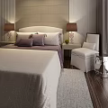 Double Bed With Upholstered Headboard Pillows And Nightstands With Table Lamps Wooden Floor And Chair
