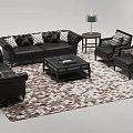 Classic Black Leather Sofa and Coffee Table Set with Armchairs Patterned Rug and Table Lamps 3d model