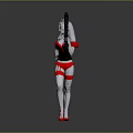 Silver Haired Woman In Black And Red Outfit With Red High Heels Holding Gun