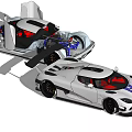 Silver Sports Car Featuring Black Rear Spoiler Red Interior Open Hood And Blue Engine Components