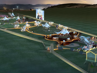 Beautiful Garden Landscape With Green Grassland White Tents Lighting Decorations And Distant Hills 3d model