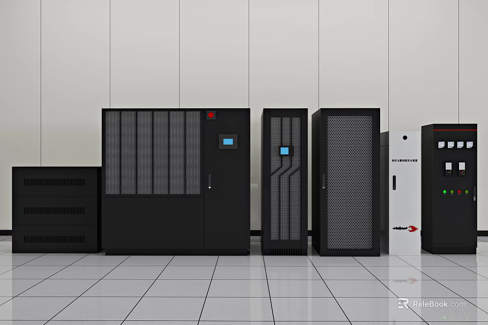 Black Computer Server Racks With Display Panels And Indicator Lights In Data Center 3d model 