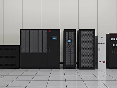 Black Computer Server Racks With Display Panels And Indicator Lights In Data Center 3d model