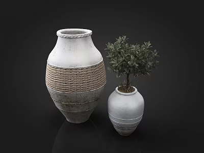 Two White Ceramic Vases with Woven Texture and Small Green Plant Decoration 3d model