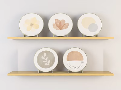 Neutral Toned Decorative Plates With Floral Leaf Patterns On Wooden Shelves 3d model