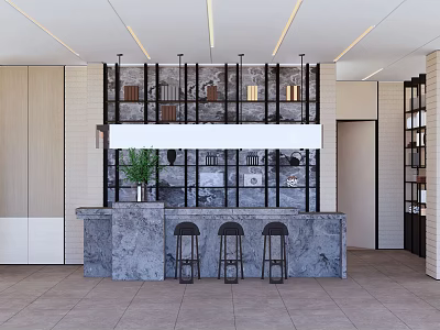 Modern Bar Interior Design With Marble Counter Black Grid Partition Stools And Lighting 3d model