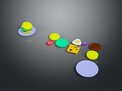 Colorful Assorted Food Items With Hamburger Fried Egg Cookies And Round Plates 3d model