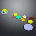 Colorful Assorted Food Items With Hamburger Fried Egg Cookies And Round Plates
