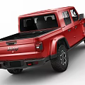 Red Jeep Pickup Truck with Off Road Tires and Open Cargo Bed
