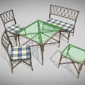 Wicker Table and Chair Set with Green Glass Top Plaid Cushioned Chairs and Side Table